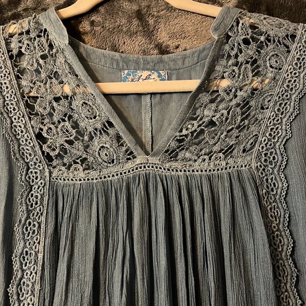 Light blue mini high low dress with 2 tiered ruffle long sleeves